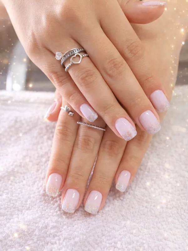 Mãos com unhas em tom nude rosado e pontas francesinhas com glitter